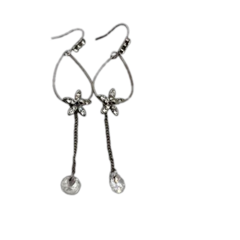 🍭6/$30 Rhinestone studded floral silver tone dangle drop earrings